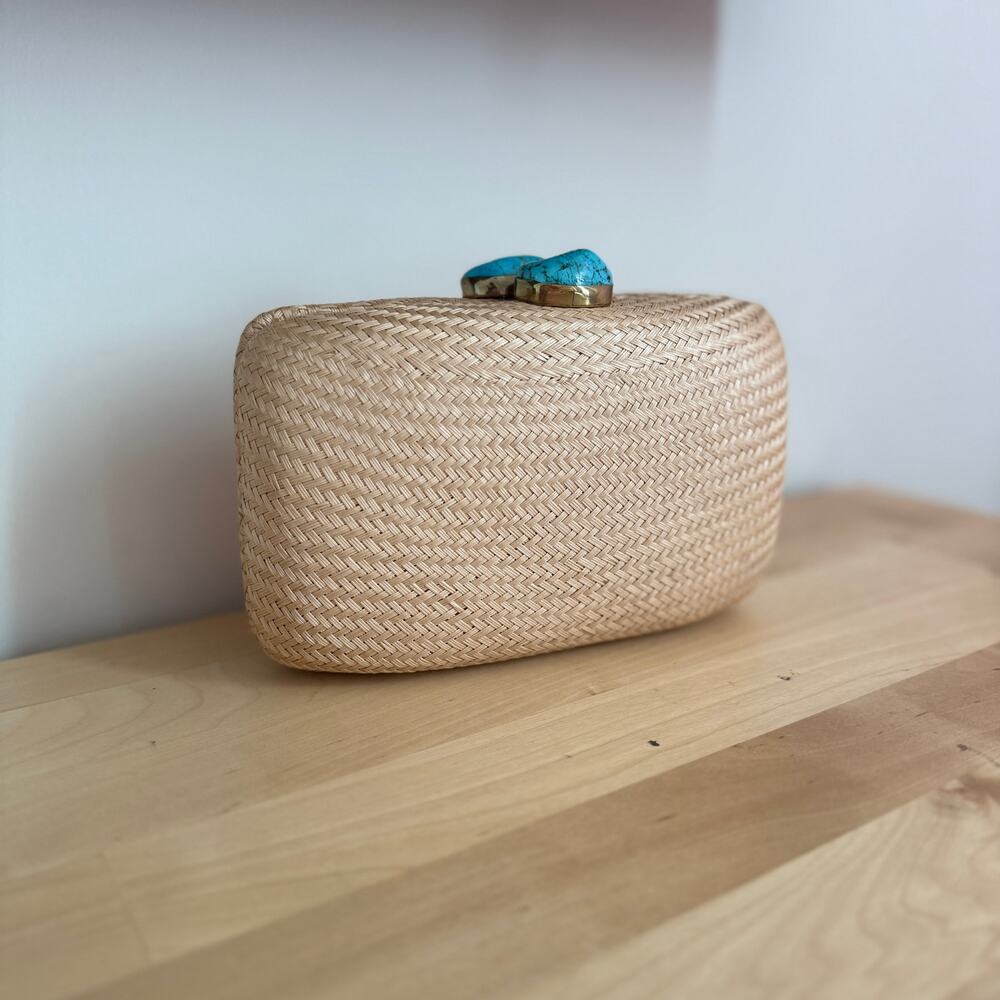 Kayu Raffia Minaudière Clutch with Gold & Turquoise Accents